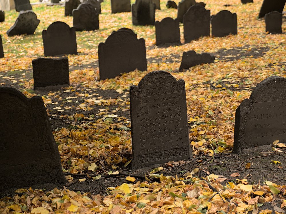 Tombstones and fall leaves. Boston MA.