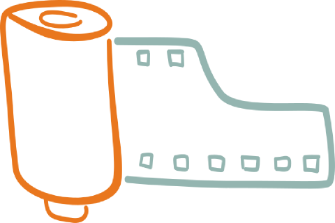 A stylized line-art roll of 35mm film.